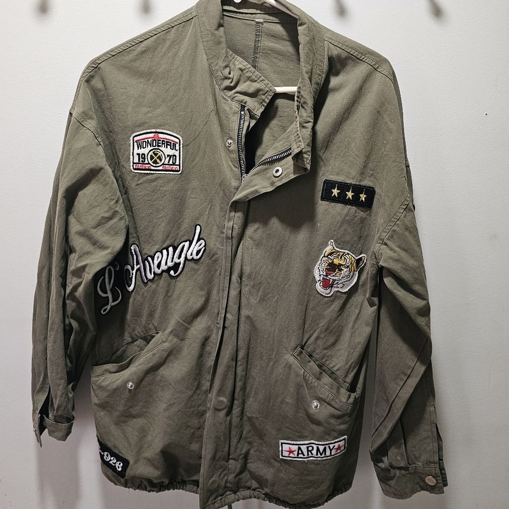 Olive Green Military Patch Utility Jacket – M/L